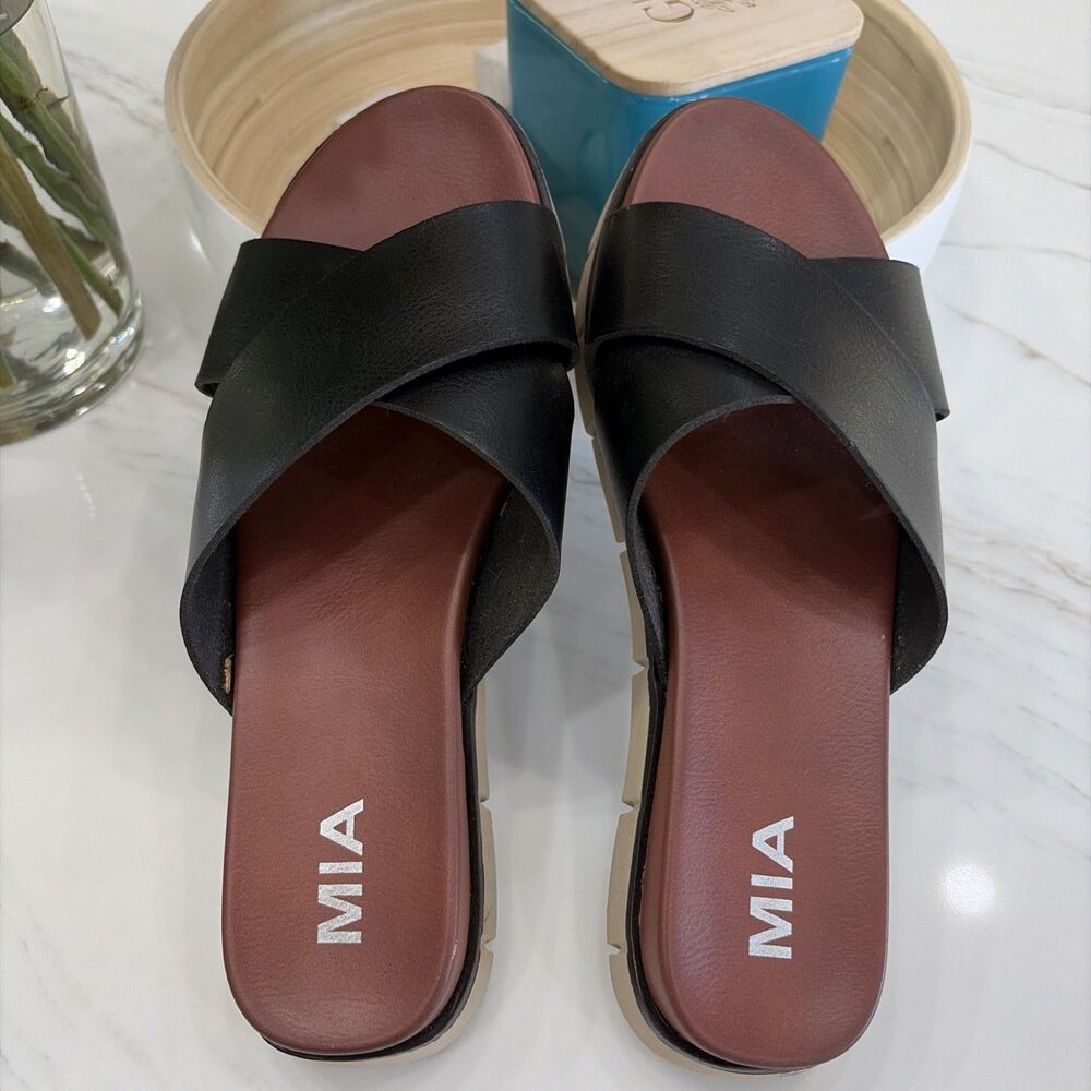 MIA Elissa Black Comfort Slide Sandals Slip On Synthetic Women's Size 8